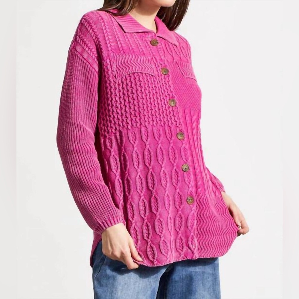 Tribal Patchwork Knit Cotton Cardigan Shacket in Magenta Size S